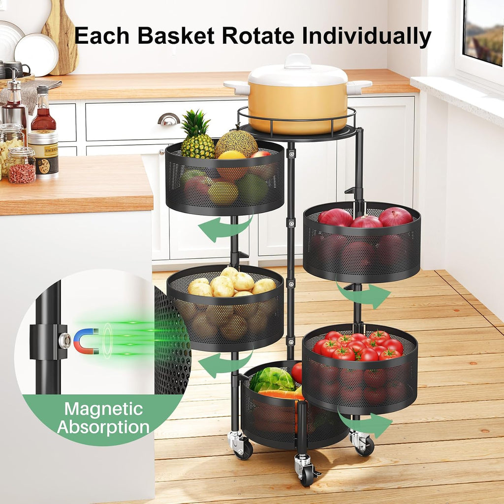 SAYZH 5 Tier Fruit Vegetable Basket Stand for Kitchen, Rotating, Black | Rolling Storage Cart with top lid, Large Metal Wire Rack for Potato and Onion Storage