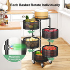 SAYZH 5 Tier Fruit Vegetable Basket Stand for Kitchen, Rotating, Black | Rolling Storage Cart with top lid, Large Metal Wire Rack for Potato and Onion Storage