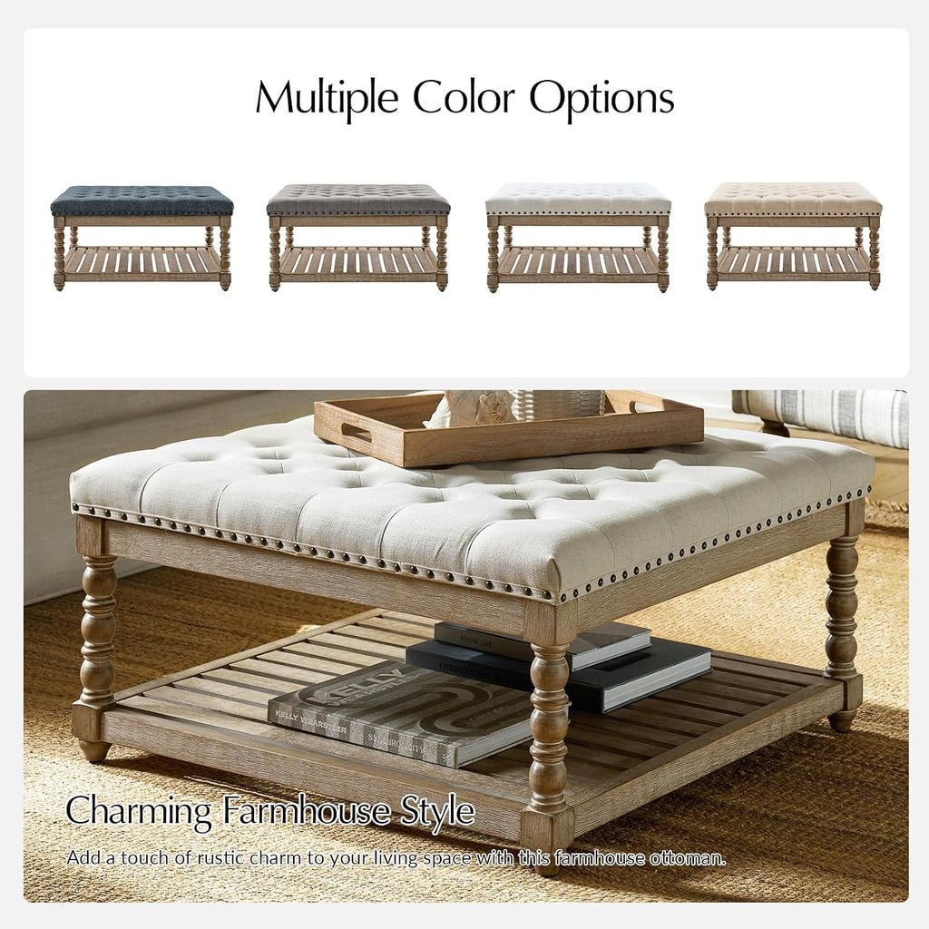 HULALA HOME Upholstered Rectangular Ottoman Coffee Table with Spindle Wooden Legs, Tufted Living Room Ottoman with Solid Wood Storage Shelf, Ivory