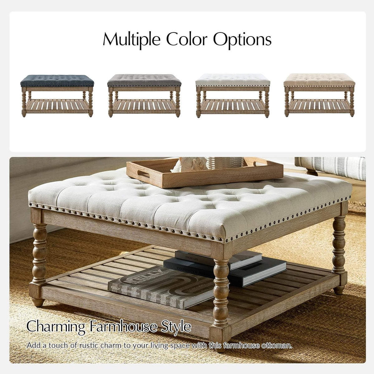 HULALA HOME Upholstered Rectangular Ottoman Coffee Table with Spindle Wooden Legs, Tufted Living Room Ottoman with Solid Wood Storage Shelf, Ivory