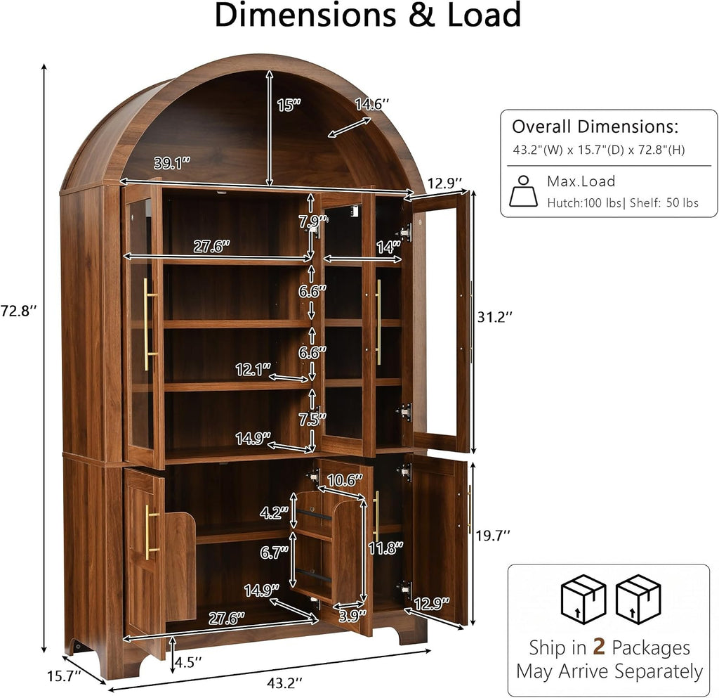 Merax 72.8" H Arched Kitchen Pantry with 3 Glass Doors, Kitchen Cabinet with Door Shelves and Adjustable Shelves, Wooden Cupboard for Dining Room, Living Room or Kitchen, Walnut