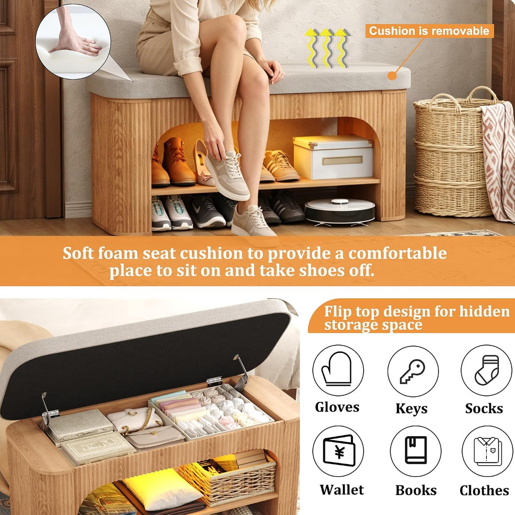 HOMEFORT 40.2" Fluted Storage Bench with Built-in LED Light, Flip-Top Shoe Bench with Cushioned Seat and Open Storage Shelf,Wood Accent Arched Bench for Entryway, Bedroom, Living Room, Natural Oak