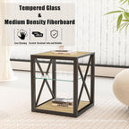 Modern End Table Set of 2 for Living Room 17.7" Bedroom Nightstand, Tempered Glass Shelf & Rustic Wood MDF Top Square Side Tables 2 Pack, Industrial Natural
