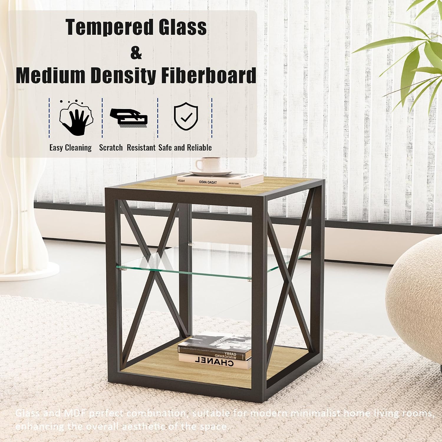 Modern End Table Set of 2 for Living Room 17.7" Bedroom Nightstand, Tempered Glass Shelf & Rustic Wood MDF Top Square Side Tables 2 Pack, Industrial Natural
