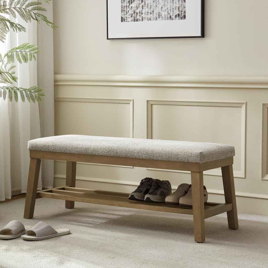 VKNOW Entryway Bench, 44.4" Upholstered Shoe Storage Bench for Entryway & Bedroom, Shoe Bench with Rubberwood Legs, Modern End of Bed Storage Bench for Living Room and Hallway, Brown