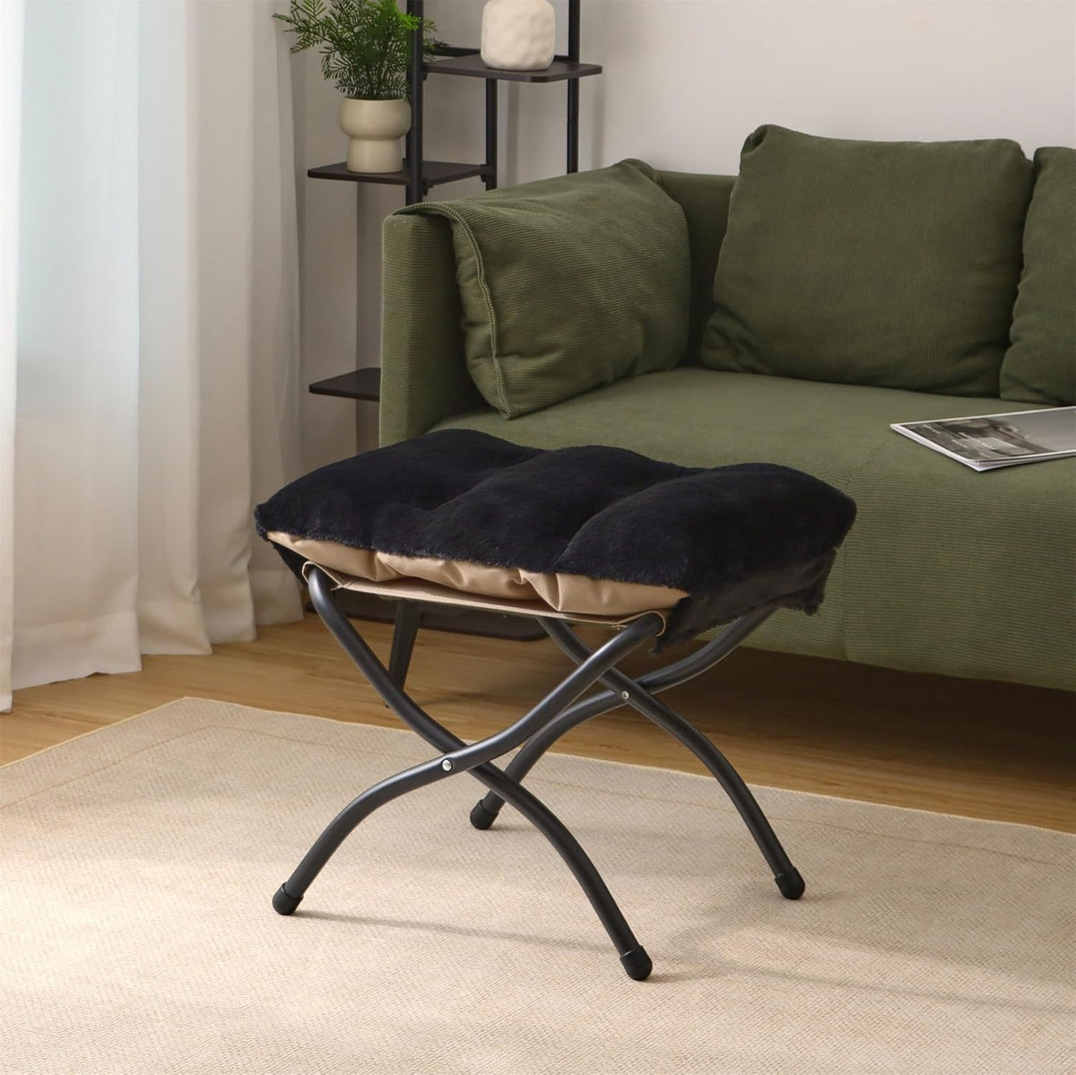 15"(H) Folding Ottoman, Foldable Footrest Stool, Portable Small Foot Stool for Couch, Collapsible Foot Rest Ottoman for Sofa, Accent Padded Ottomans for Living Room, Bedroom, Black