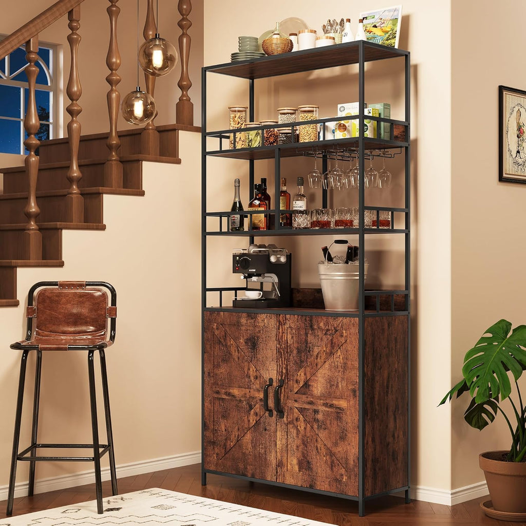 71" Tall Bar Cabinet with Wine Rack & Storage Shelves, 3-Tier Freestanding Backers Rack with Barn Door, Metal Structure Coffee Bar Table for Kitchen Dining Room, Retro Color
