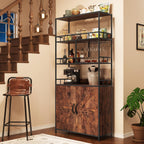 71" Tall Bar Cabinet with Wine Rack & Storage Shelves, 3-Tier Freestanding Backers Rack with Barn Door, Metal Structure Coffee Bar Table for Kitchen Dining Room, Retro Color