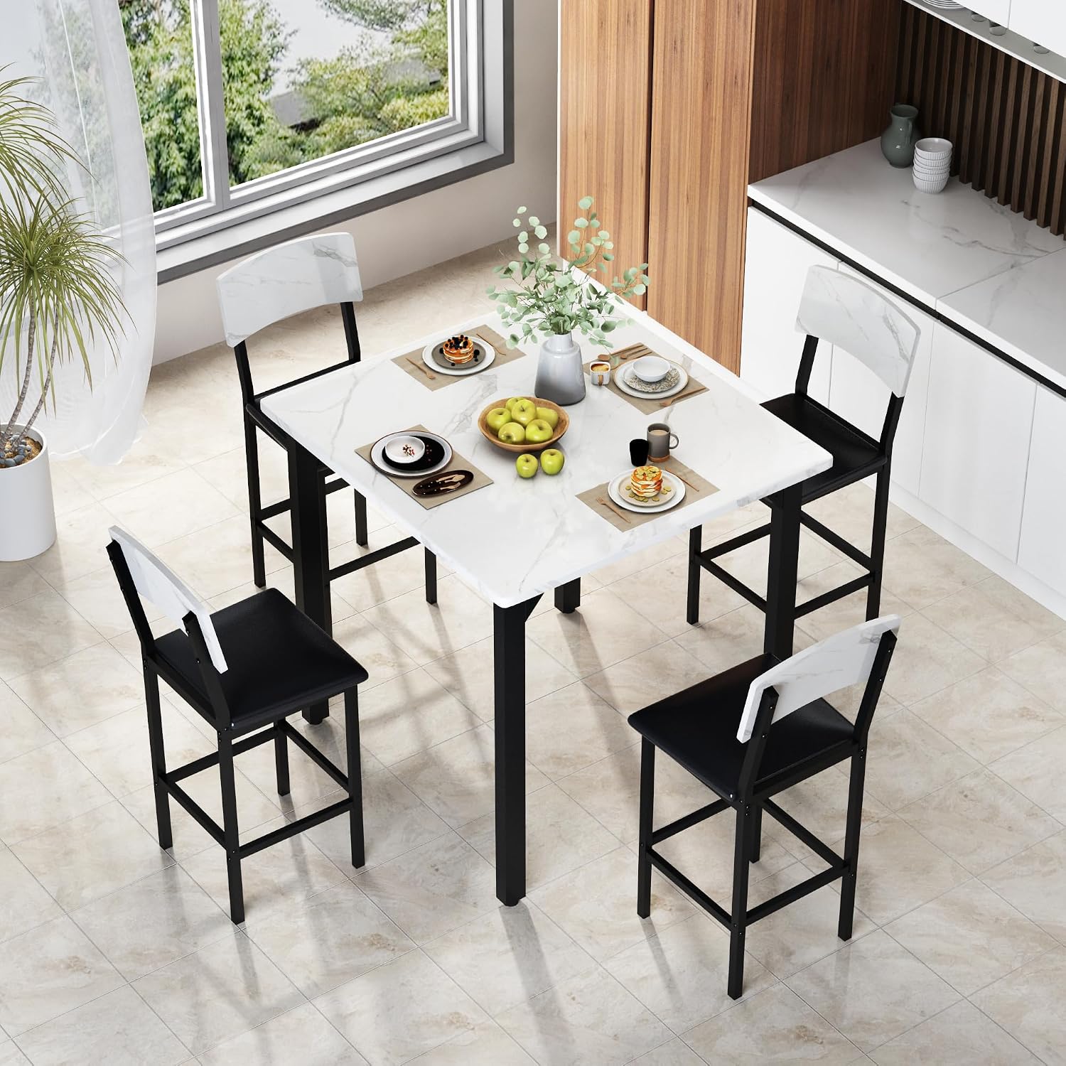 AWQM 5-Piece Dining Table Set, Kitchen Table Set for 4 (White) | Counter Height Table & 4 Upholstered Bar Stools, Compact Dining Set for Small Spaces, Dining Room, Kitchen，Easy to Assemble