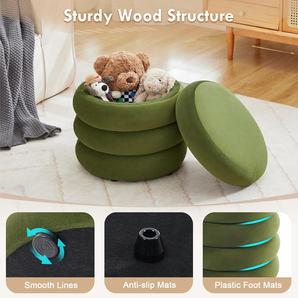 Velvet Storage Ottoman Set of 2, Compact Round Tufted Pair with Removable Lids for Lounge, Dorm and Entryway, Olive Green