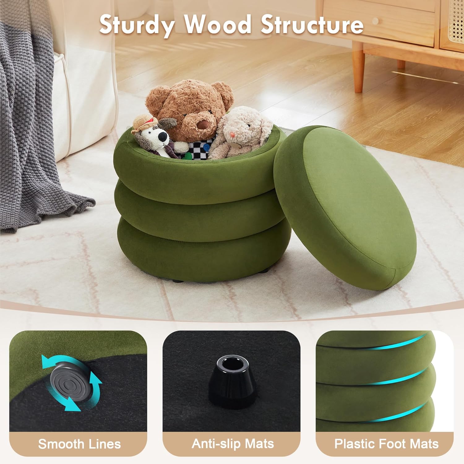 Velvet Storage Ottoman Set of 2, Compact Round Tufted Pair with Removable Lids for Lounge, Dorm and Entryway, Olive Green
