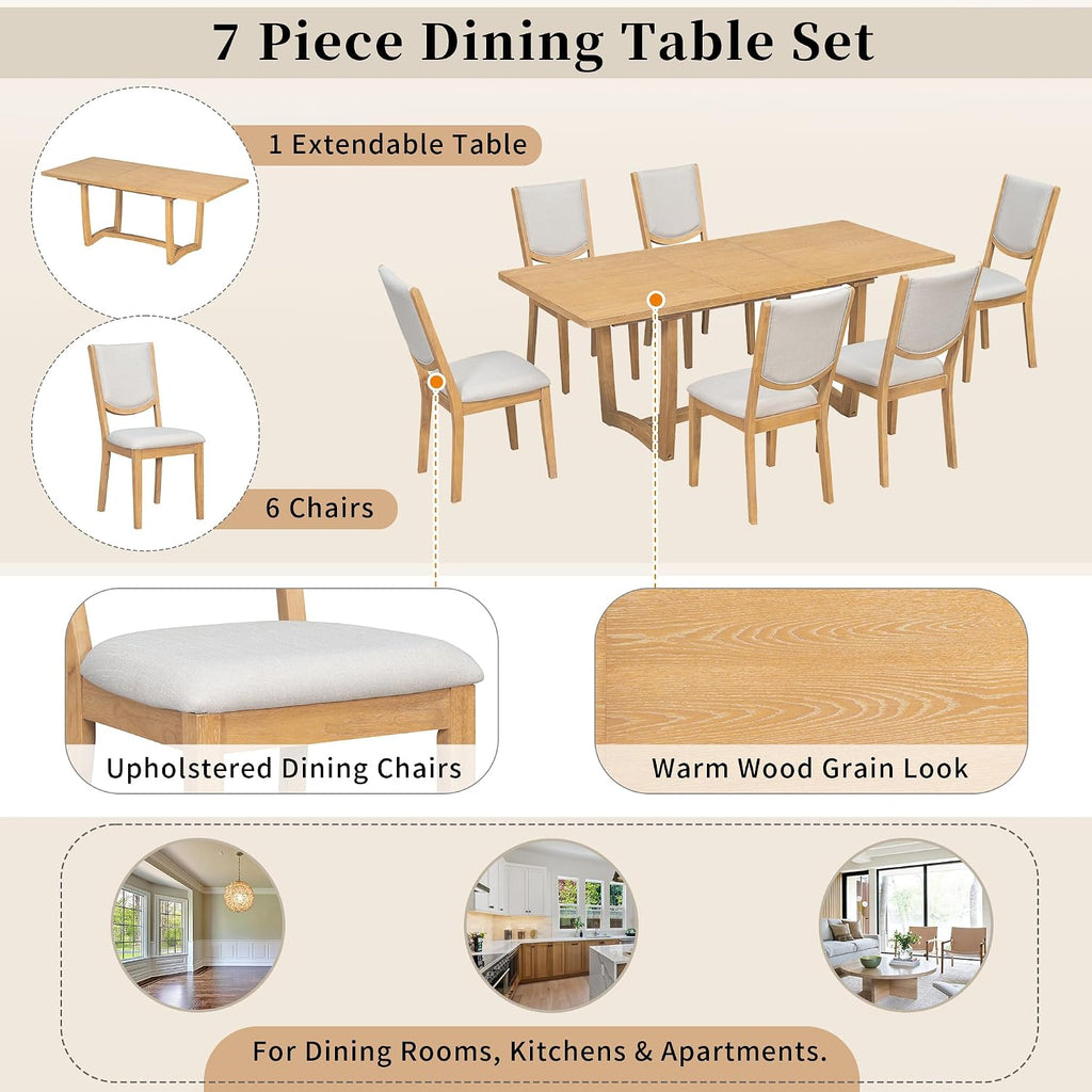 Merax 60"-78" Expandable Dining Table Set for 6, Large 7-Piece Solid Wood Rectangular Kitchen Table Set with Removable Leaf and 6 Upholstered Chairs, Space Saving Kitchen Furniture, Natural
