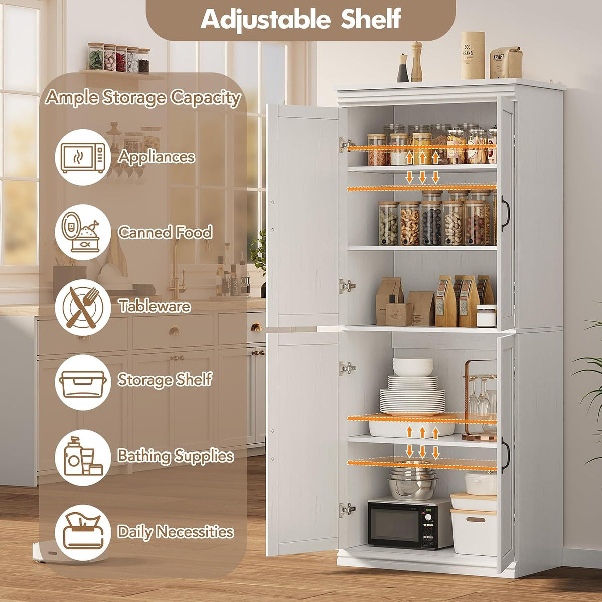 IDEALHOUSE Pantry Cabinet, White 4-Door with Adjustable Shelves, 70" H | Freestanding Cupboard with 5 Interior Compartments, Dining Room, Kitchen, Bathroom, Living Room