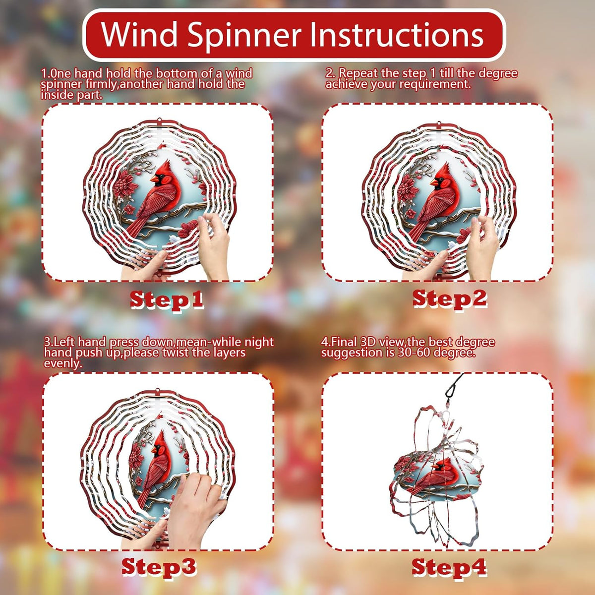 3D Cardinal Bird Wind Spinner 10 Inch Stainless Steel Metal Art Kinetic Sculpture Red Bird Hanging Ornament for Garden, Yard, Patio, and Home Décor Christmas Decor