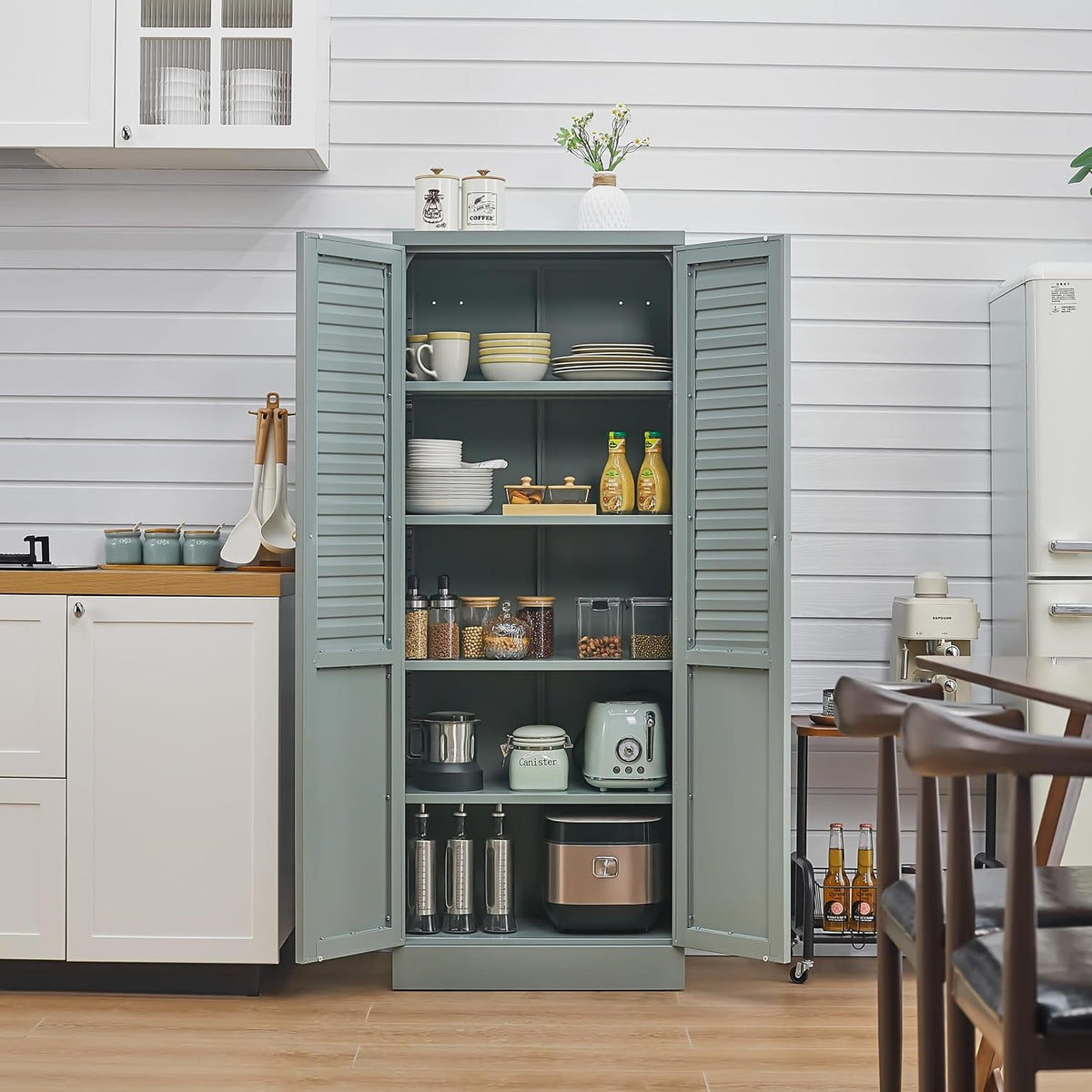 Freestanding Pantry Cabinet with 4 Adjustable Shelves for Kitchen | Space-Saving Furniture-Style Design, Durable Steel Construction