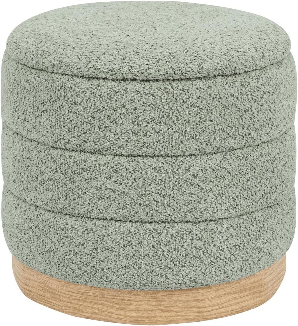 Round Storage Ottoman with Reversible Tray Lid, Folding Chenille Fabric Footrest with Hidden Storage, 15.4" Footstool for Small Spaces Living Room Bedroom, Wood Grain Base, Sage Green