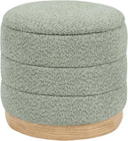 Round Storage Ottoman with Reversible Tray Lid, Folding Chenille Fabric Footrest with Hidden Storage, 15.4" Footstool for Small Spaces Living Room Bedroom, Wood Grain Base, Sage Green