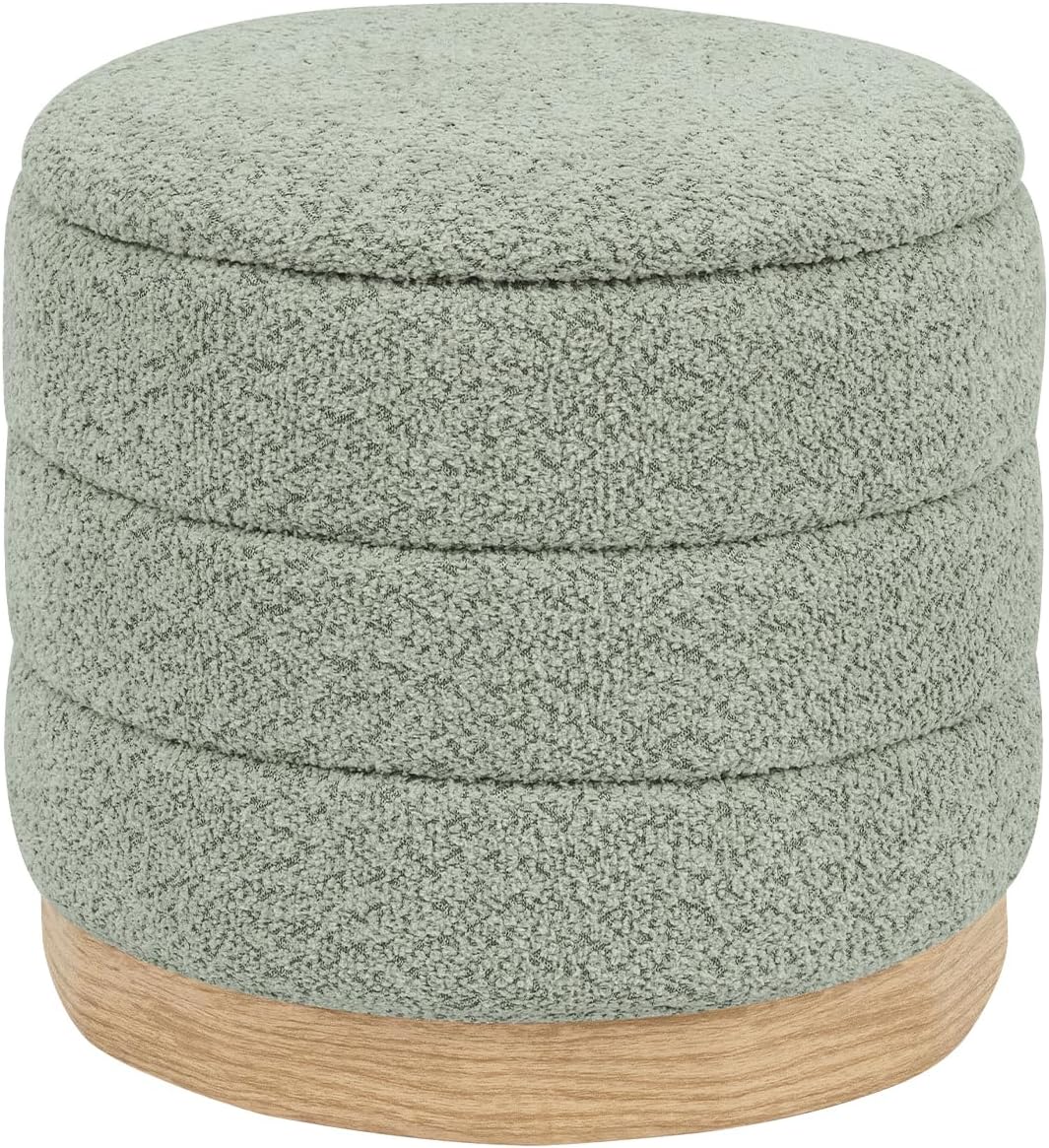 Round Storage Ottoman with Reversible Tray Lid, Folding Chenille Fabric Footrest with Hidden Storage, 15.4" Footstool for Small Spaces Living Room Bedroom, Wood Grain Base, Sage Green