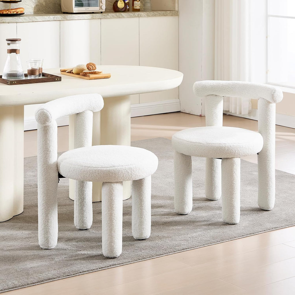 Sherpa Dining Chairs Set of 2, Comfy Boucle Fabric Dining Chairs, Upholstered Modern Kitchen Chairs with Backrest, Armless Accent Side Chair for Bedroom/Living Room, White