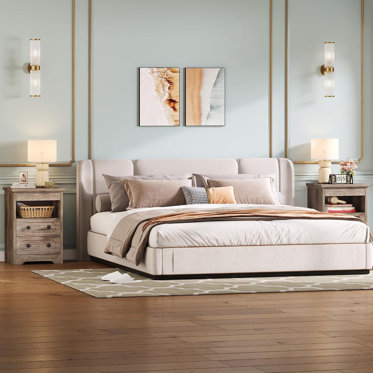 LIKIMIO Nightstand Set of 2, Night Stand with Pull Out Tray, Wooden Bedside Table with 2 Drawers and Open Shelf, Side Table for Bedroom, Grey