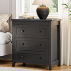 Xixini Farmhouse Nightstand with 3 Storage Drawers, 27.55" Wide Wood Bedside Table, Modern Side Table with Metal Handle, End Table for Bedroom, Black