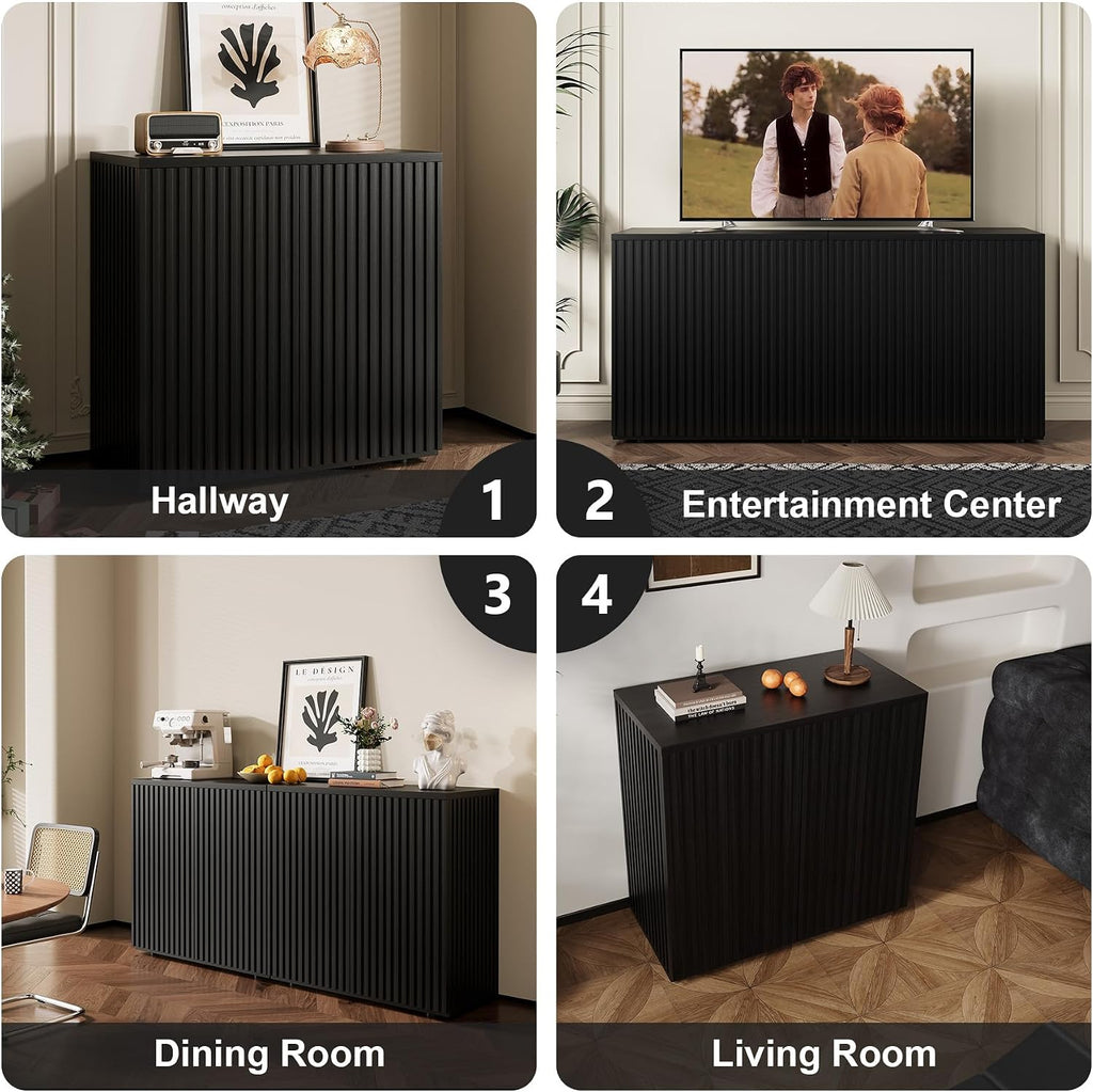 Rophefx Fluted Sideboard Cabinet, 94.5" Buffet Cabinet with Storage, Credenza Storage Cabinets with Adjustable Shelf, Wood Entryway Cabinets with Pop-up Doors for Living Room, Entryway, Hallway, Black