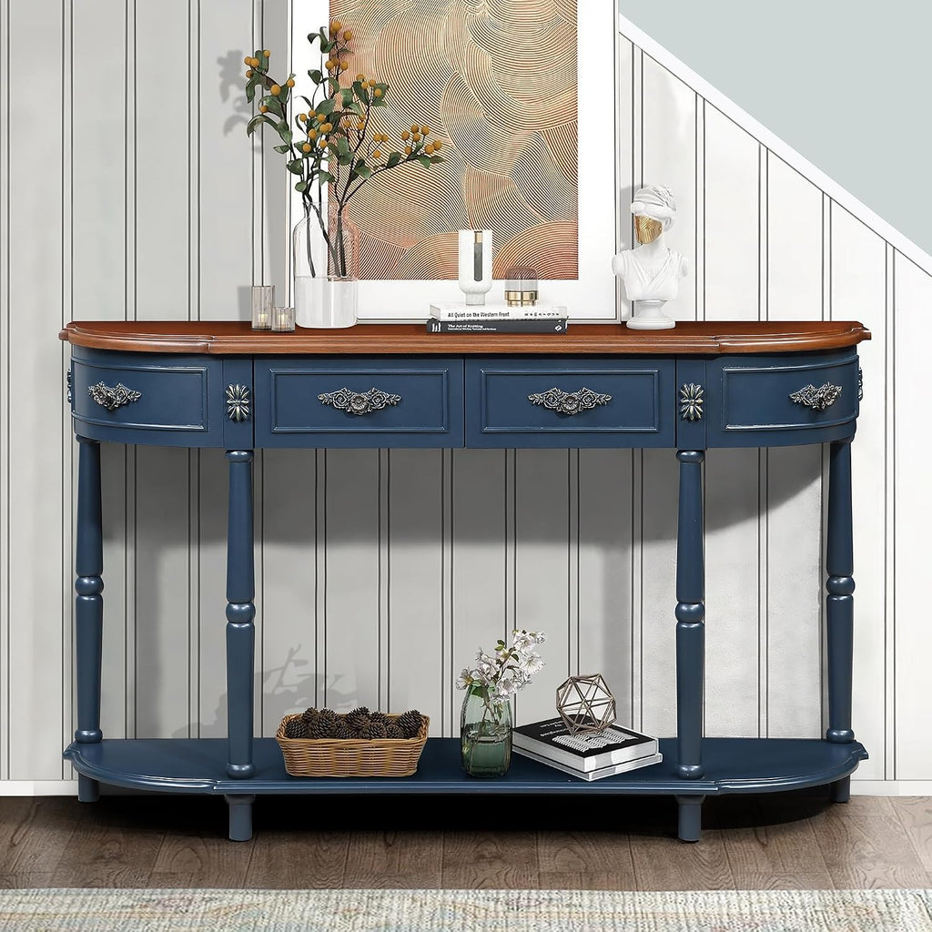 P PURLOVE Curved Console Table with 2 Drawers, Retro Sofa Table with Solid Wood Frame and Legs, Half Moon Entry Table for Home Kitchen Entryway (Navy Blue)