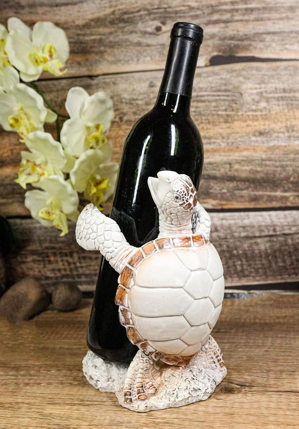 Ebros Gift Nautical Coastal Dancing Antique White Sea Turtle Wine Bottle Holder Caddy Figurine 7.5" High Home Kitchen Decorative Storage Organizer Turtles Terrapins Tortoises Decor