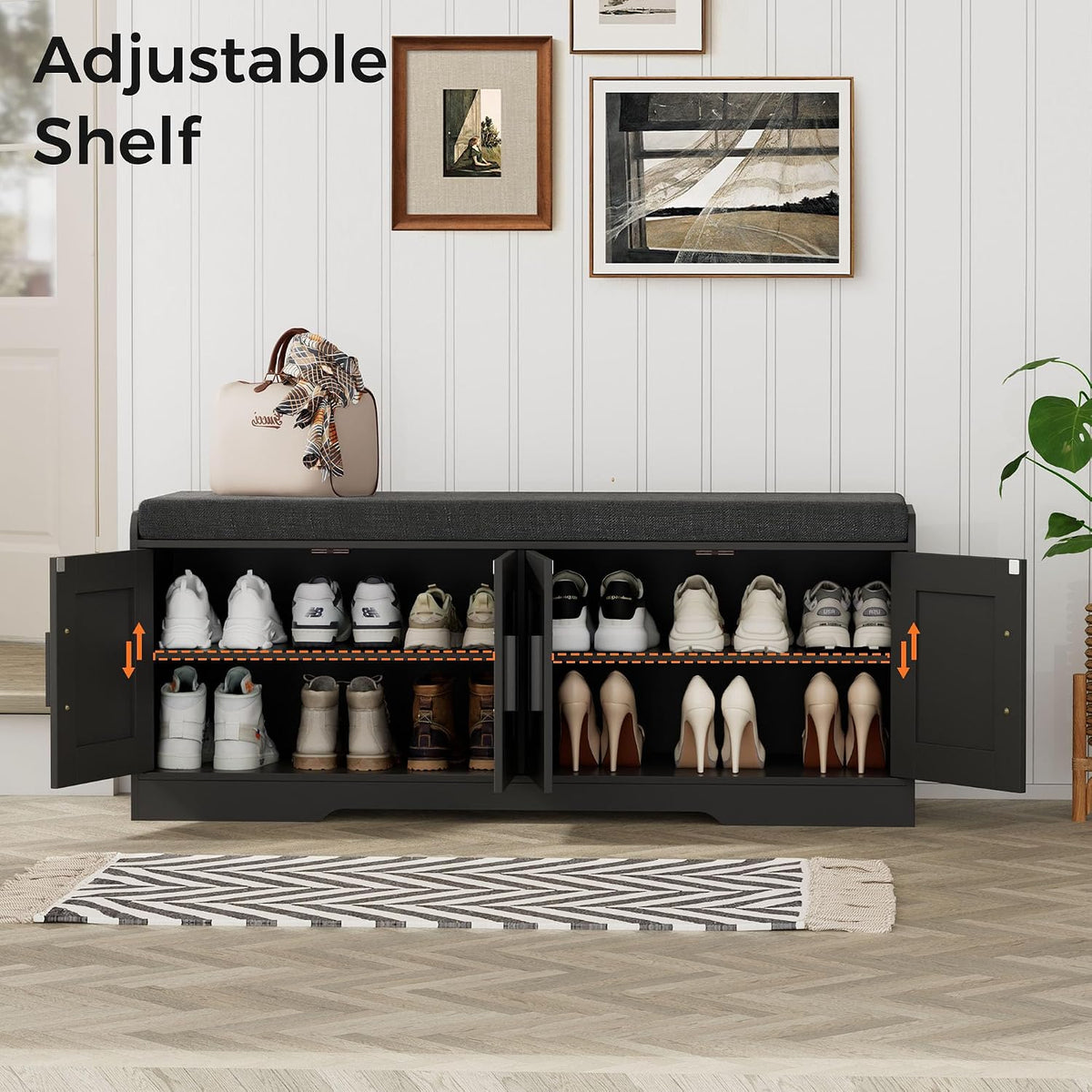 Homleke Shoe Storage Bench, 4 Doors & Thickened Padded Seat Cushion | 2-Tier Shoe Bench, Entryway Bench, Adjustable Shelf, 13.8" D x 45.3" W x 18.5" H, for Living Room, Bedroom, Black