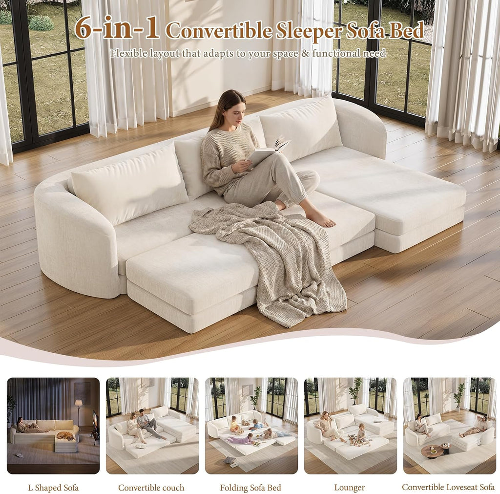 Vesgantti 6 in 1 Convertible Folding Sleeper Sofa Bed, No Assembly, Beige | 110.2" L Shaped Modular Sectional Sofa, Curved Armrest, Deep Seat Couches for Living Room, Chenille, Right Facing