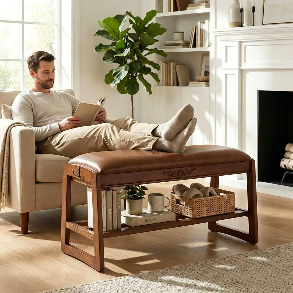 Shoe Rack Bench,2 Tiers Shoe Bench with Storage with Flip-Top,Wood Shoe Rack for Entryway,Hallway(Solid Upholstered Seat,31.5")