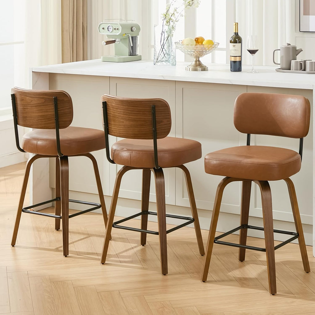 Swivel Bar Stools Set of 3, 26" Counter Height, Brown | Walnut Wood Legs, Upholstered Seat, Supportive Backrest, Easy-Clean Faux Leather, Mid-Century Modern, 4-Inch Cushion