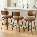 Swivel Bar Stools Set of 3, 26" Counter Height, Brown | Walnut Wood Legs, Upholstered Seat, Supportive Backrest, Easy-Clean Faux Leather, Mid-Century Modern, 4-Inch Cushion