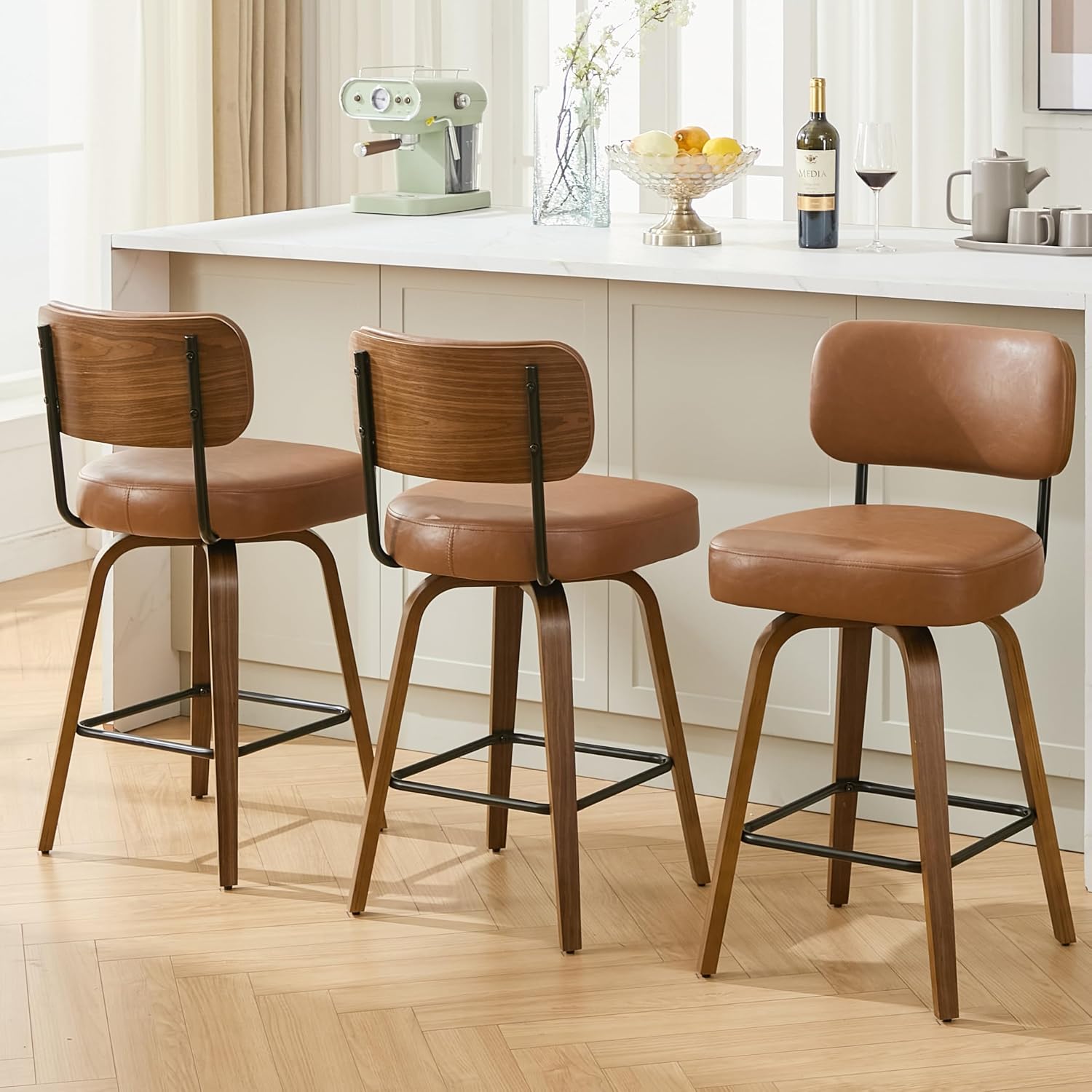 Swivel Bar Stools Set of 3, 26" Counter Height, Brown | Walnut Wood Legs, Upholstered Seat, Supportive Backrest, Easy-Clean Faux Leather, Mid-Century Modern, 4-Inch Cushion