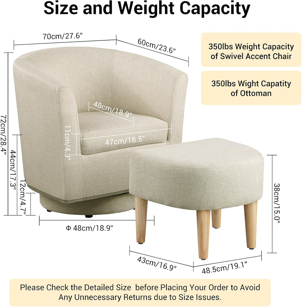 DAZONE Beige Swivel Accent Chair with Ottoman, Comfy Barrel Armchair for Small Spaces, 360° Modern Fabric Lounge Chair for Living Room, Bedroom, Reading Nook, Home Office