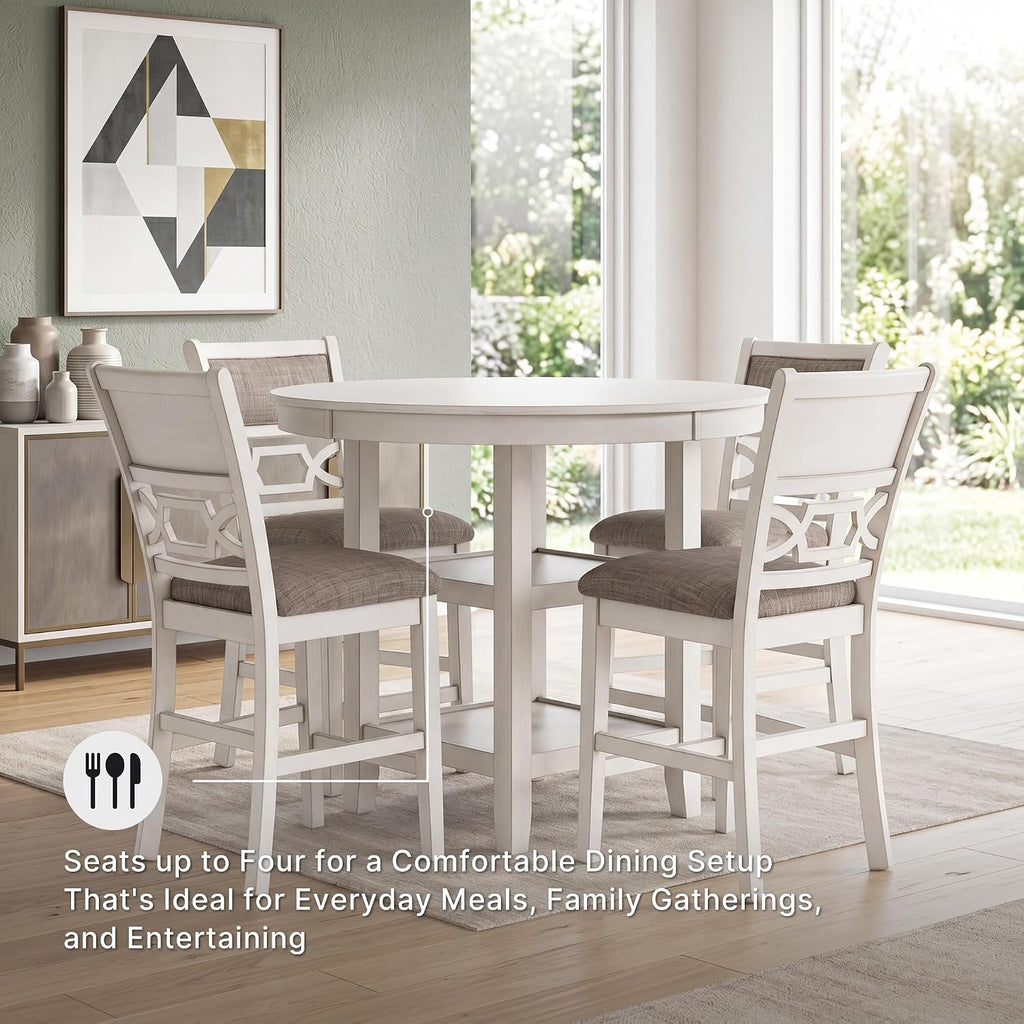 Signature Design by Ashley Round Dining Table Set for 4, Counter Height | 42-inch round table with built-in storage shelves, 4 foam-cushioned light gray barstools, Antique white finish, Erinberg