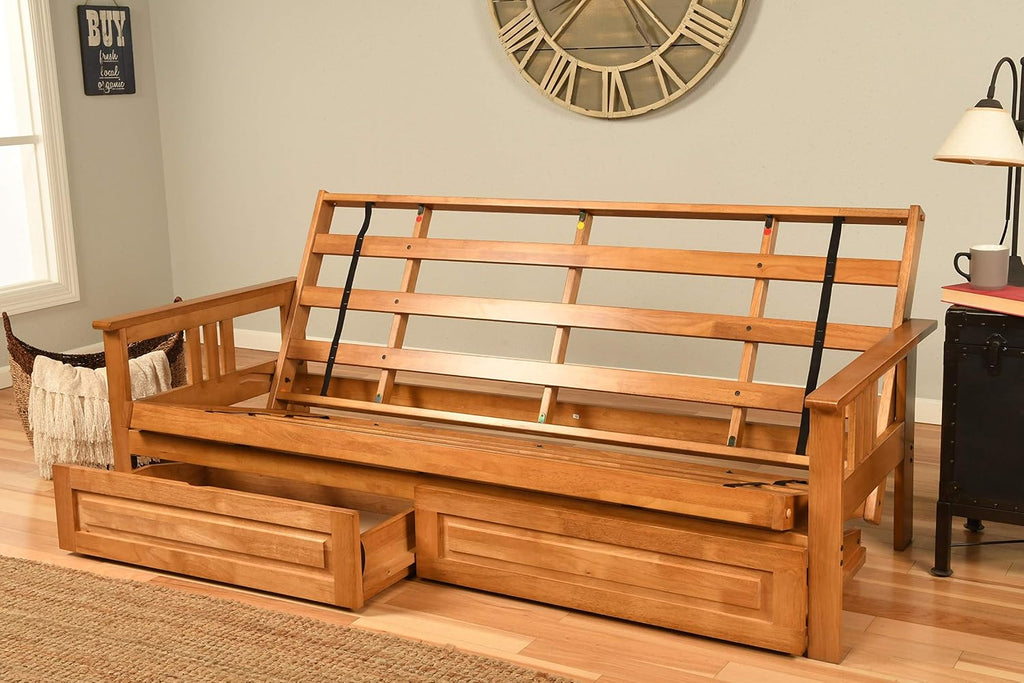 Kodiak Furniture Monterey Queen-size Futon, Storage Drawers, Butternut Finish with Suede Gray Mattress