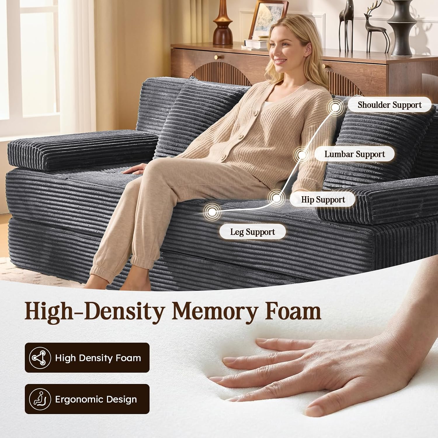 78.7IN Convertible Folding Sofa Bed, 3 Seater Sleeper Sofa Couch | No Assembly Required, Corduroy, Freestanding, Couches Bed with Zippered Pillows for Living Room, Bedroom, Apartment, Gray
