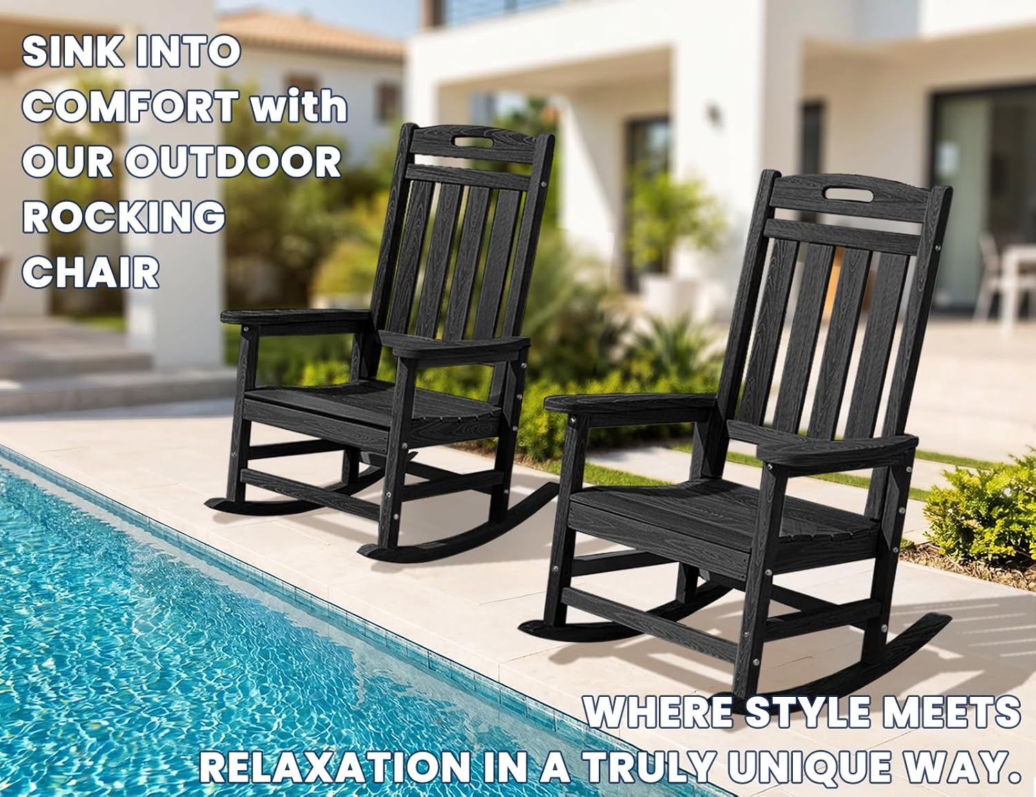 Oversized Outdoor Rocking Chair, HDPE Plastic High Back Rocking Chairs | Wood Grain, Heavy-Duty Patio Rocker, All Weather Outdoor Porch Chair, Lawn Chair for Outside, Deck, Fire Pit, Black