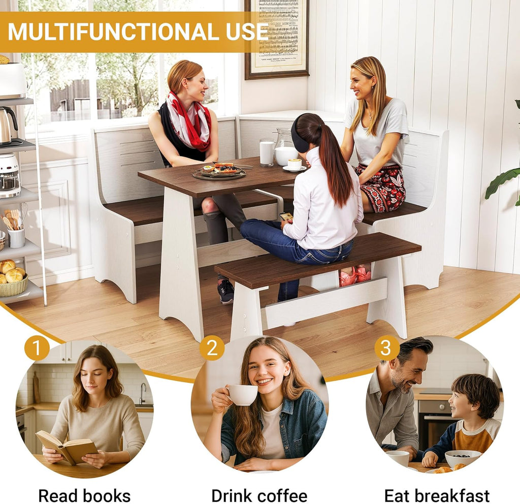 Breakfast Nook Set 3-4 Seat L-Shaped with Hidden Storage - Space Saving Corner Kitchen Dining Table & Bench Set - Farmhouse Family Home White Brown Wood