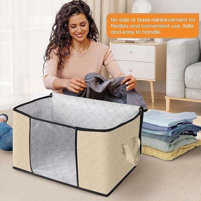 Fab totes 6 Pack Clothes Storage, Foldable Thick Fabric Blanket Storage Bags, Containers for Organizing Bedroom, Closet, Clothing, Comforter,Organization with Handle,Beige