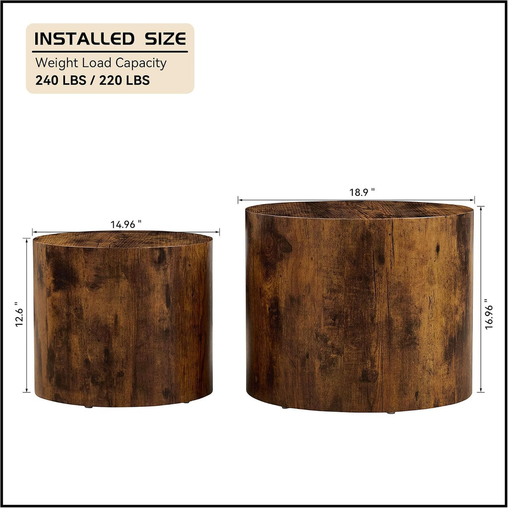 Nesting Coffee Table Set of 2, Modern Round Small Side Table Circle Accent End Table Drum Wood Center Table for Living Room Apartment Bedroom Office, No Assembly, Dark Walnut