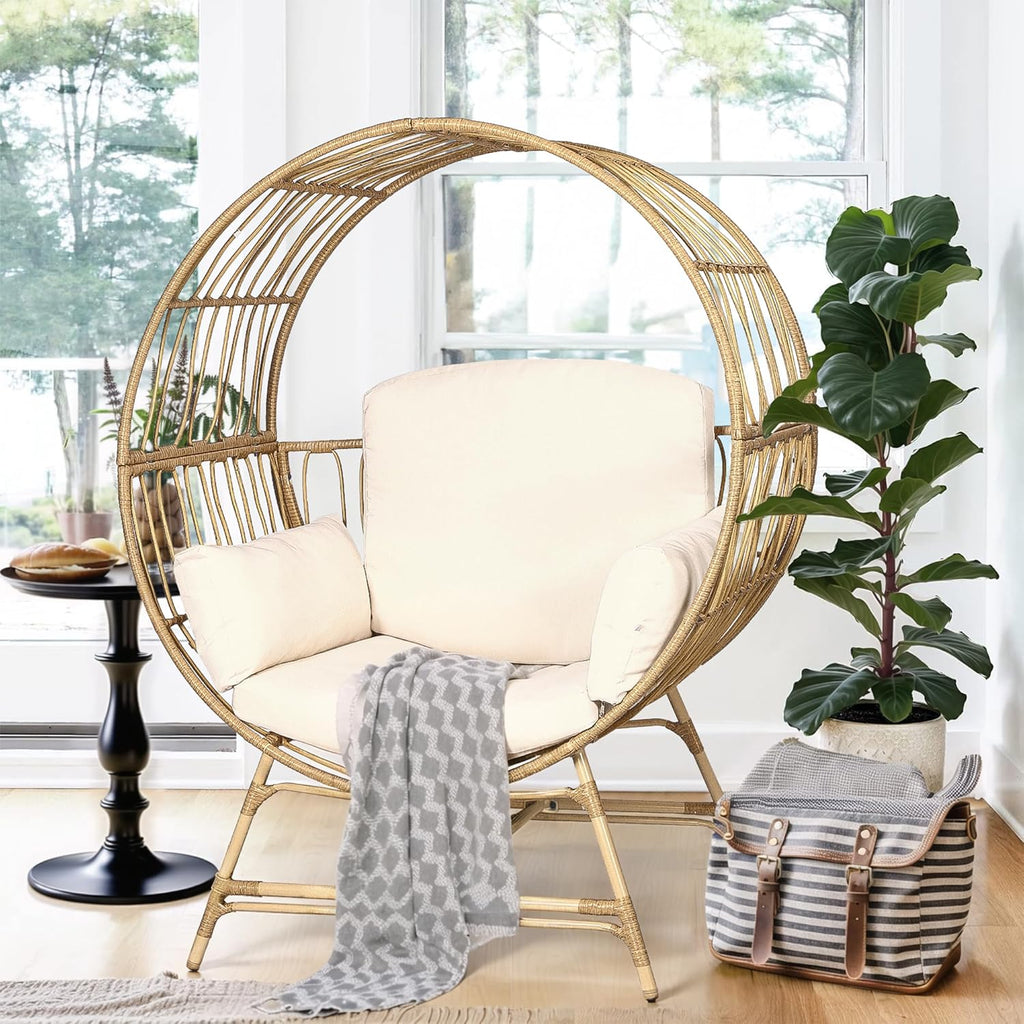 Fancyango Egg Chair Outdoor Indoor, Oversized Rattan Chair with Thicken Cushion, 350LBS Capacity Wicker Patio Lounge Chair, Basket Chair for Living Room Balcony Porch Backyard, Beige