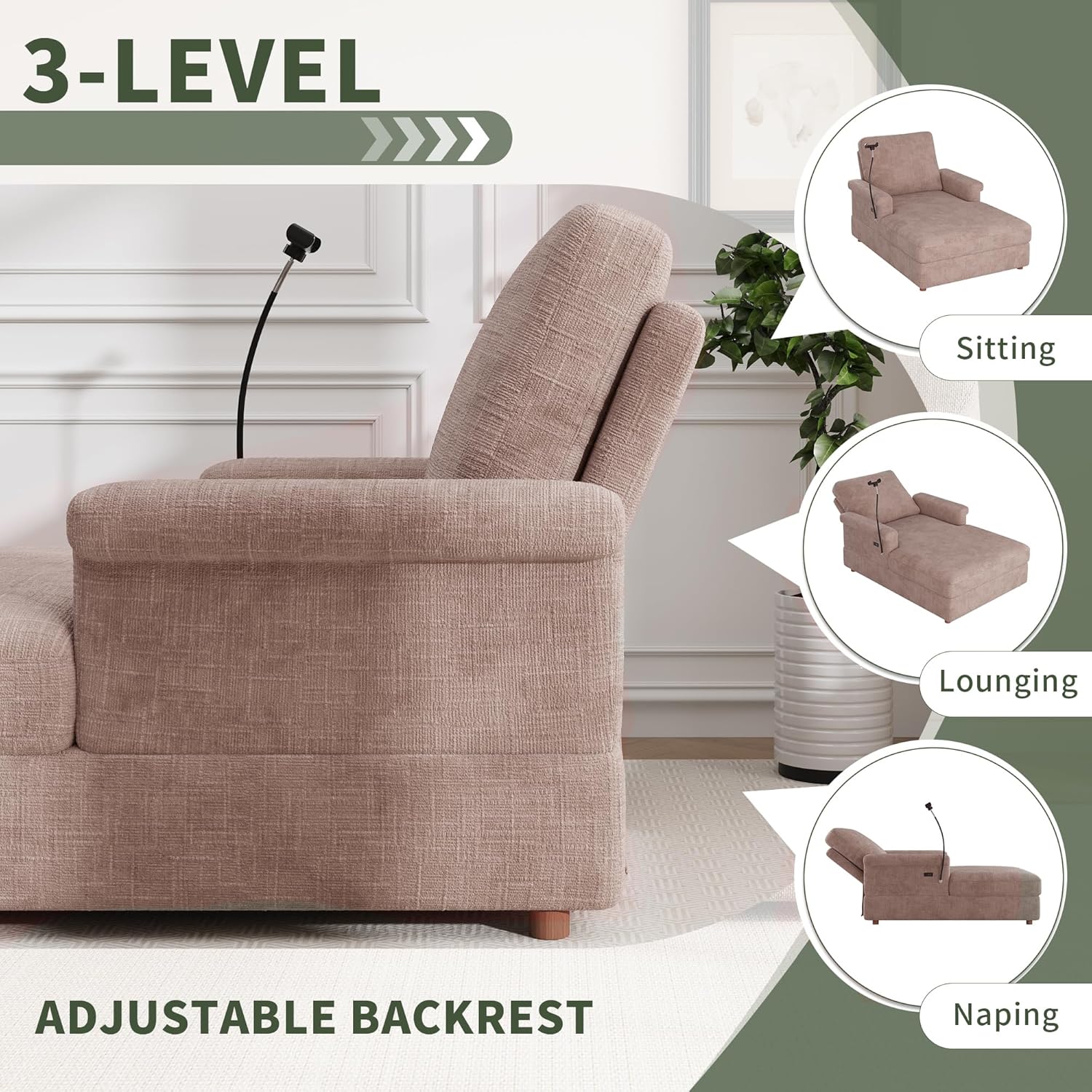 EJUNQ 66.5" Oversized Chaise Lounge Chair Indoor，Cozy Sofa Bed with Phone Holder and USB Charger，Upholstered Deep Seat Sleeper Sofa Bed，Comfy Single Sofa Armchair for Living Room -Brown