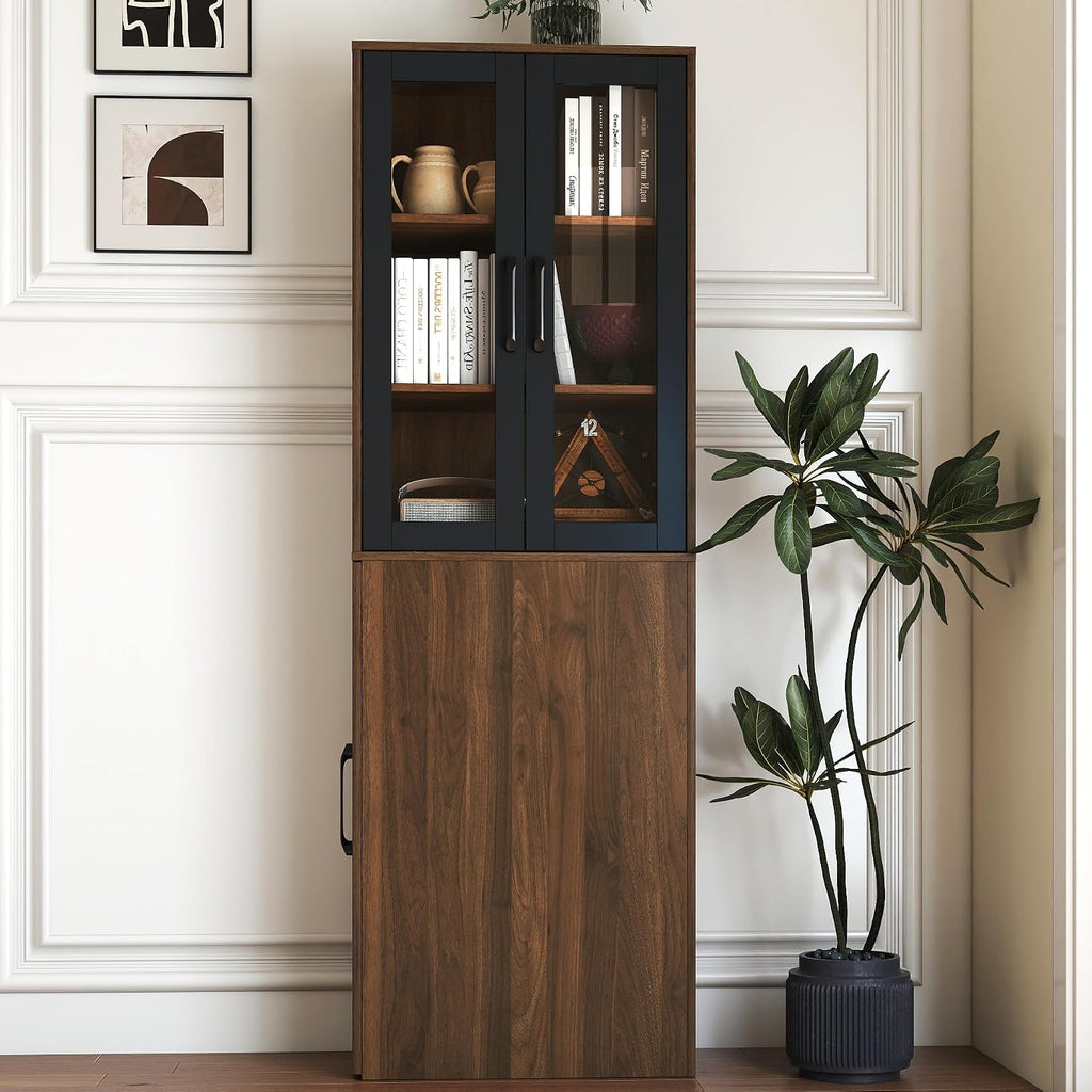 70.9" H Display Storage Cabinet , 4 Tier Multi-functional Pull-out Multi-tier Storage Shelf & 2 Glass Doors, Modern Wooden Kitchen Pantry Cabinet for Living Room or Kitchen and Dinning Room (Walnut)