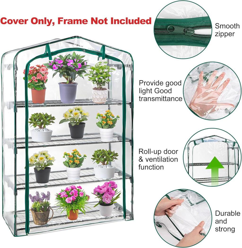 DECOHS Extra Wide 4 Tier Greenhouse Replacement Cover- 63 x 40 x 19 Inch Clear PVC Plant Gardening Greenhouse Cover with Roll-Up Zipper Door for Gardening Plants Flowers (Frame Not Include)