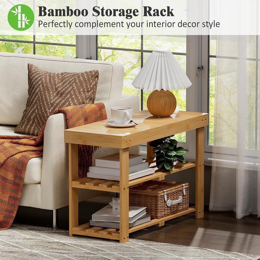 BAMBUROBA Bamboo Shoe Rack Bench, 3-Tier Entryway Bench, Small Shoes Storage Organizer Holds Up to 300lbs, 27.5 x 11 x 16.9 Inches, for Front Door, Hallway, Living Room, Bedroom,Natural