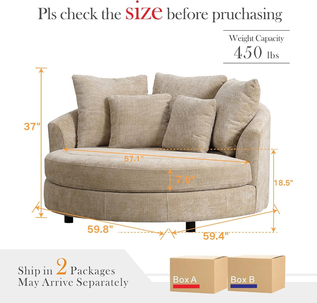 Aoiy & Wifon 59.8" W Oversized Barrel Chairs, Round Accent Chair with Wheels, Extra Large Living Room Chair, Knitted Chenille, Wheat