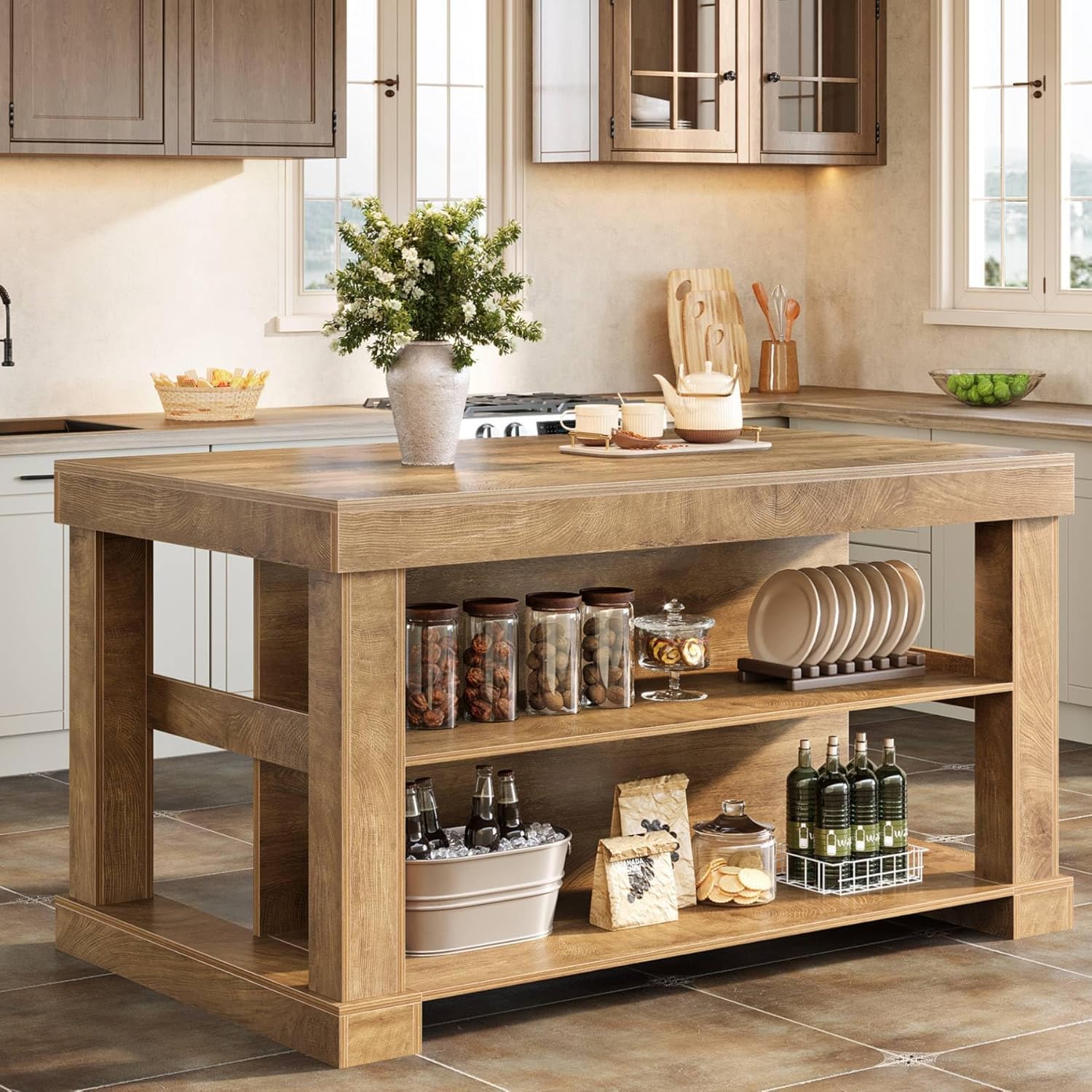 Tribesigns 55" Kitchen Island with Seating and Storage, 3-Tier, Farmhouse | Wood Stationary Island Table with Large Worktop & Legroom, Sturdy Coffee Bar Table with Storage Shelf for Kitchen, Brown