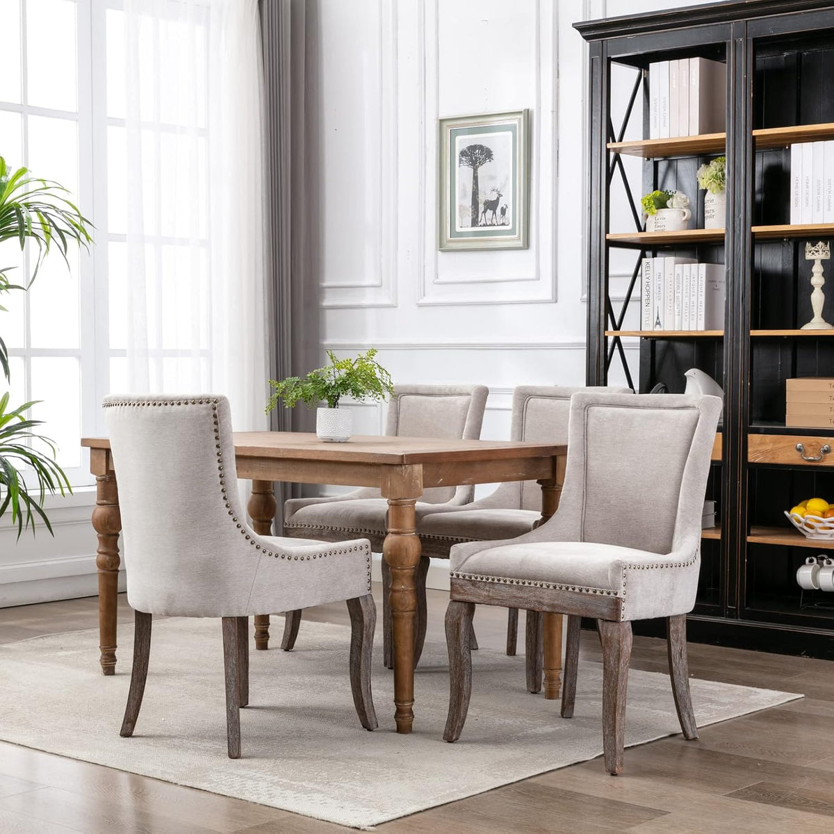 Ball & Cast Mid-Century Upholstered Dining Chairs Set of 2, Thickened Fabric Wingback Kitchen Chairs with Bronze Nail Head & Toned Solid Wood Legs, Beige